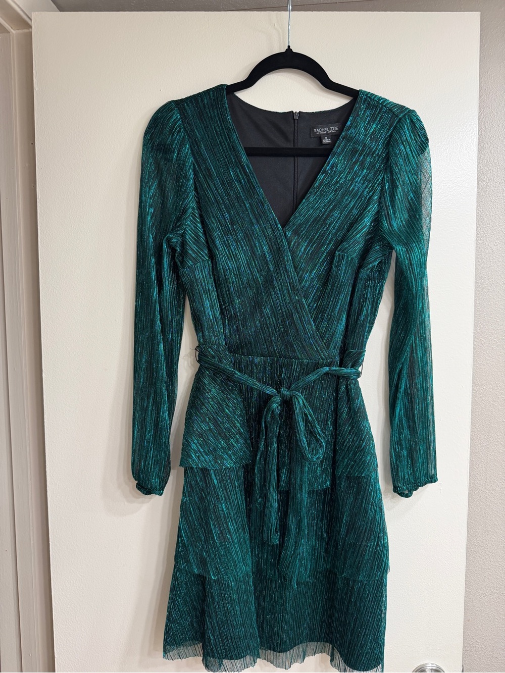 Rachel Zoe Teal Pleated Wrap-Style Long Sleeve Dress